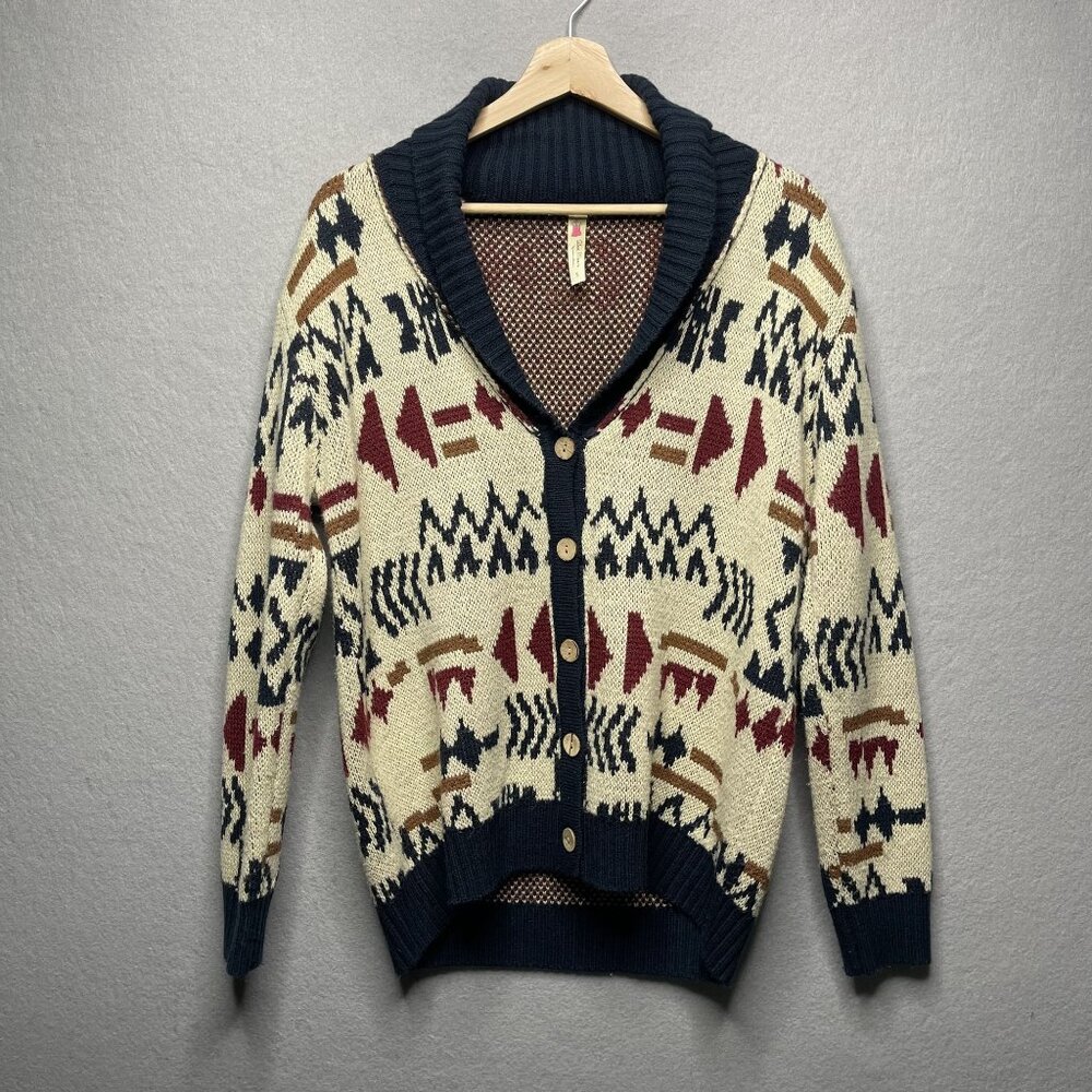 Alice Moon Vintage-Inspired Aztec Patterned Shawl Collar Cardigan Sweater S
